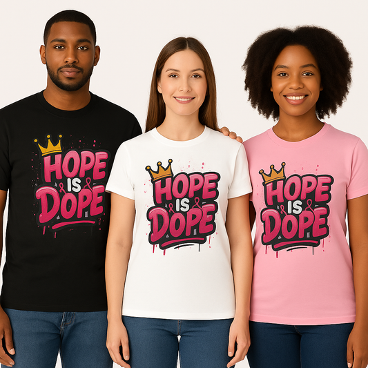 Hope Is Dope Breast Cancer Awareness T-Shirt – Crown Graphic, Bold Pink Graffiti Style, Multiple Colors and Sizes