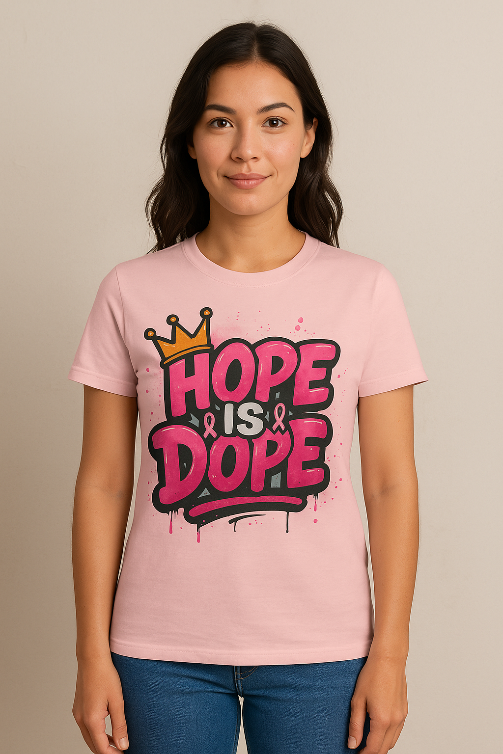 Hope Is Dope Breast Cancer Awareness T-Shirt – Crown Graphic, Bold Pink Graffiti Style, Multiple Colors and Sizes