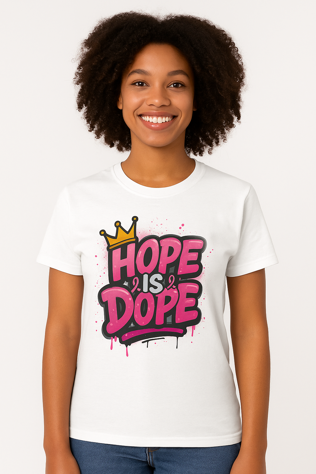 Hope Is Dope Breast Cancer Awareness T-Shirt – Crown Graphic, Bold Pink Graffiti Style, Multiple Colors and Sizes
