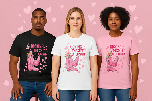 Kicking the Sh*t Out of Cancer Shirt – Pink Glitter Cowgirl Boots Tee, Breast Cancer Awareness Graphic, Bold Survivor Shirt, Multiple Colors and Sizes