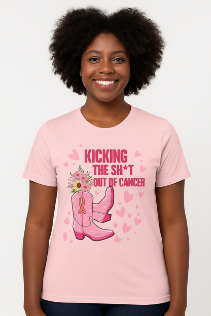Kicking the Sh*t Out of Cancer Shirt – Pink Glitter Cowgirl Boots Tee, Breast Cancer Awareness Graphic, Bold Survivor Shirt, Multiple Colors and Sizes