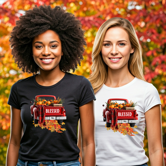 Blessed Fall Red Truck T Shirt Autumn Pumpkin Patch Graphic Tee Thanksgiving Harvest Shirt