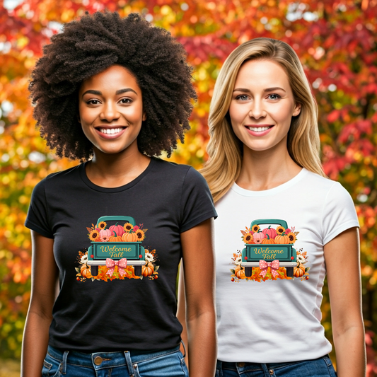 Welcome Fall Teal Truck T-Shirt Autumn Pumpkin Patch Thanksgiving Harvest Farmhouse Fall Graphic Tee