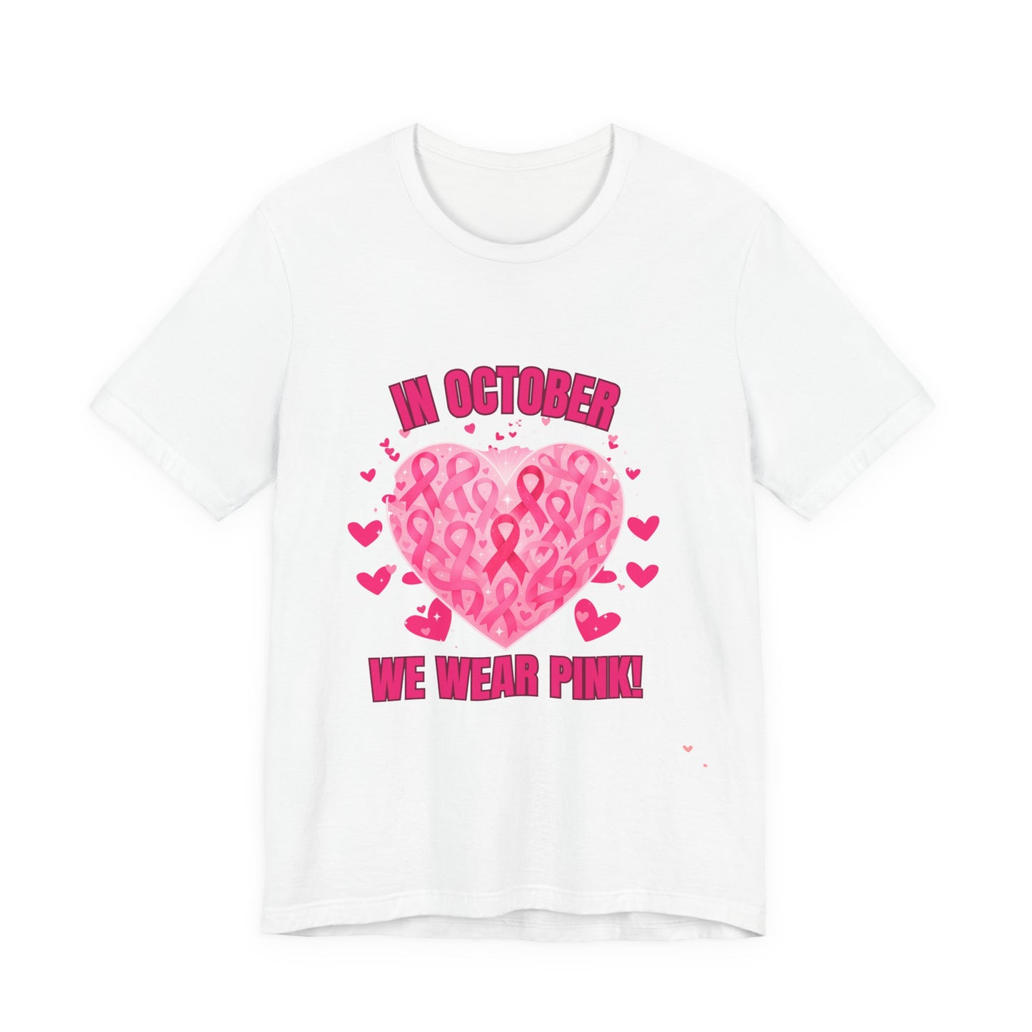 In October We Wear Pink Heart Ribbon T-Shirt Breast Cancer Awareness Graphic Tee  Support Shirt for Breast Cancer Survivors Pink, White, Black Options