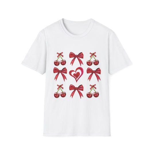 Valentine's Day Cherry Red Coquette Bow and Heart T Shirt