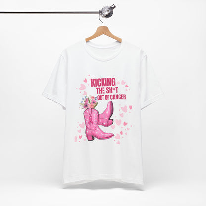 Kicking the Sh*t Out of Cancer Shirt – Pink Glitter Cowgirl Boots Tee, Breast Cancer Awareness Graphic, Bold Survivor Shirt, Multiple Colors and Sizes