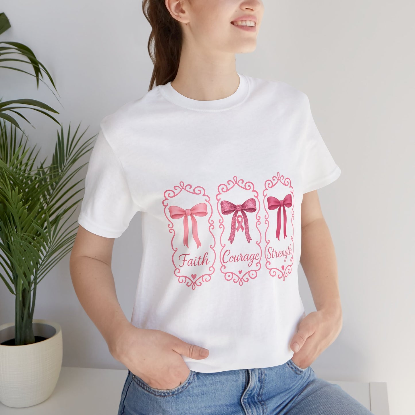 Faith Courage Strength Bow T-Shirt – Breast Cancer Awareness Tee – Pink Ribbon Shirt for Women – Available in Pink, White, and Black