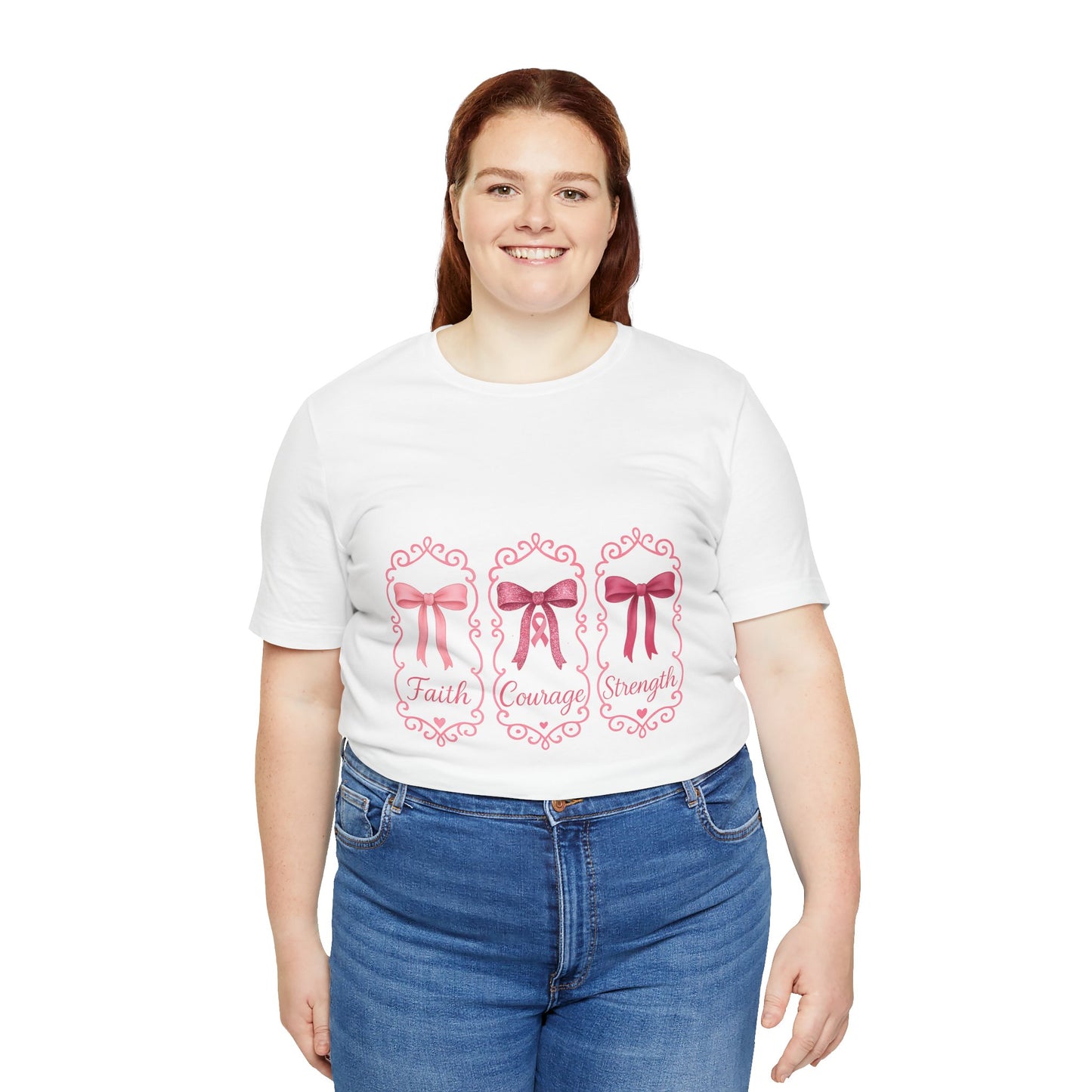 Faith Courage Strength Bow T-Shirt – Breast Cancer Awareness Tee – Pink Ribbon Shirt for Women – Available in Pink, White, and Black