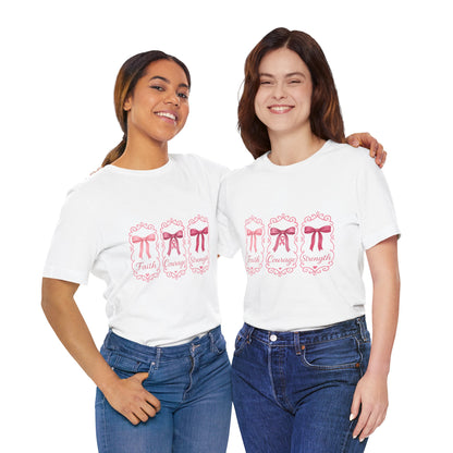 Faith Courage Strength Bow T-Shirt – Breast Cancer Awareness Tee – Pink Ribbon Shirt for Women – Available in Pink, White, and Black