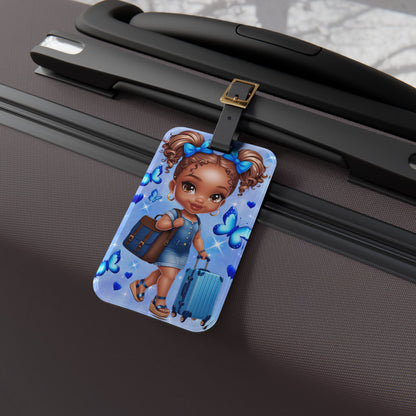 African American Girl Dressed In Blue with Butterflies Luggage Tag | Travel-Themed Blue Fashion Illustration