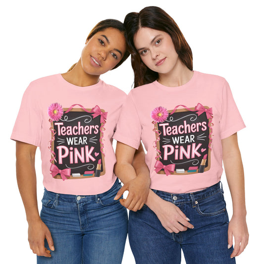 eachers Wear Pink  Breast Cancer Awareness T-Shirt for Educators, Cute Pink Teacher Tee for October, Available in Pink, White, and Black