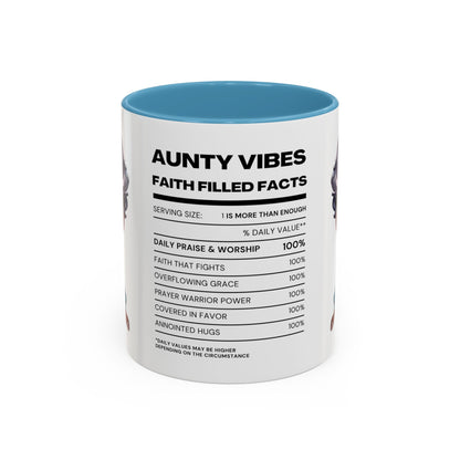 Aunty Vibes Coffee and Faith Filled Nutrition Facts Afrocentric White Mug with Contrasting Colors 11 oz
