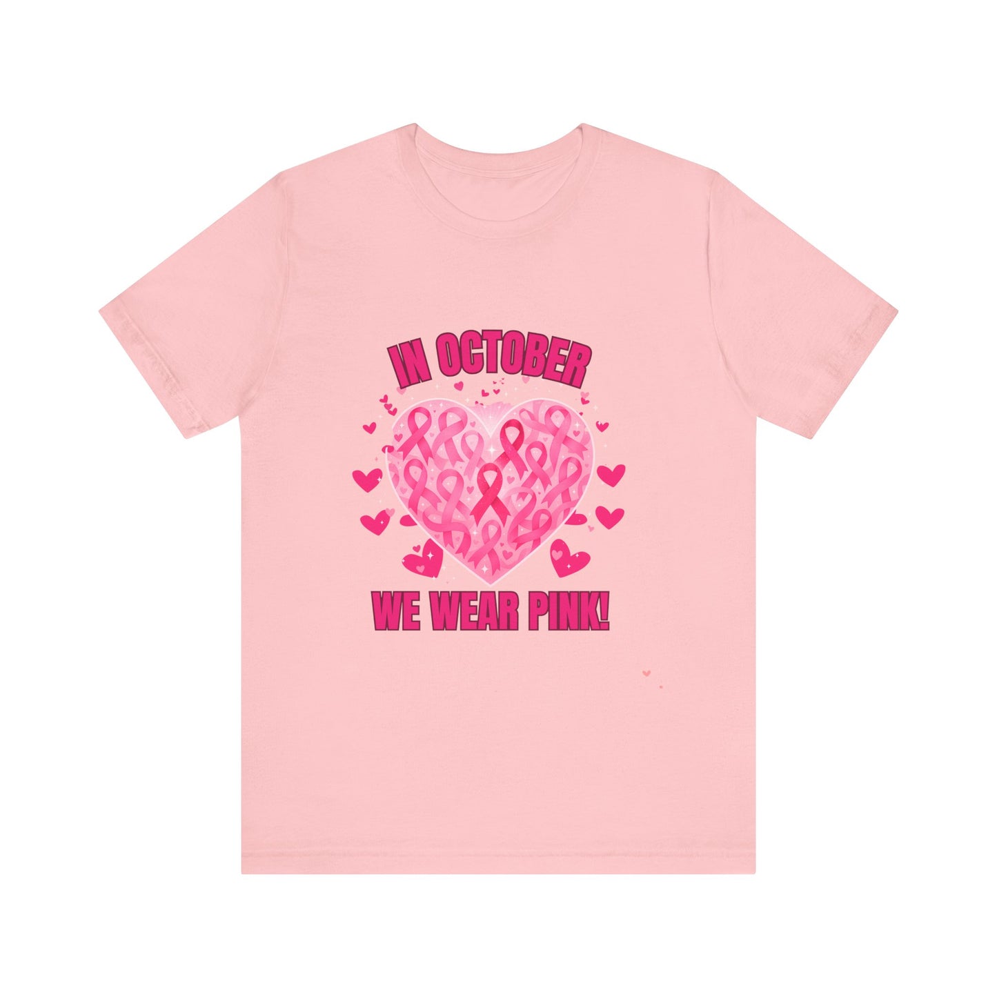 In October We Wear Pink Heart Ribbon T-Shirt Breast Cancer Awareness Graphic Tee  Support Shirt for Breast Cancer Survivors Pink, White, Black Options