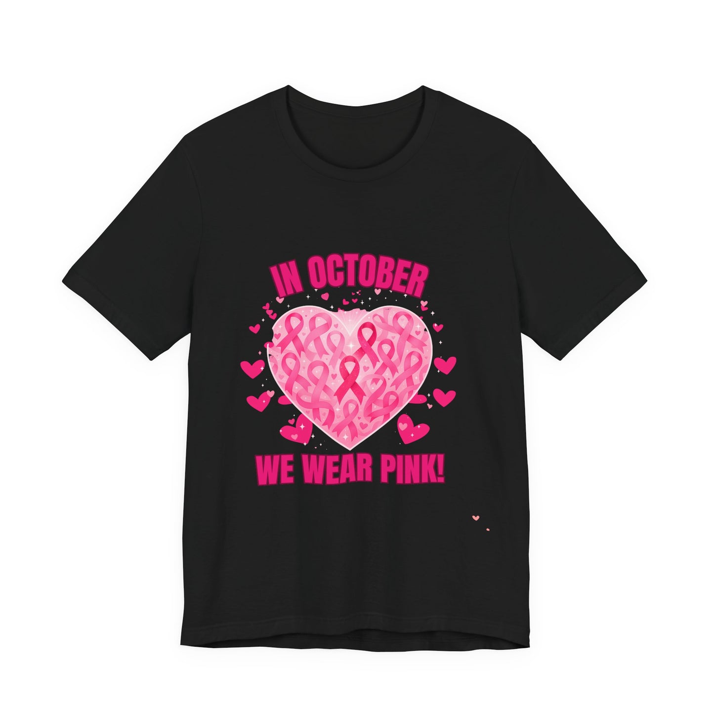In October We Wear Pink Heart Ribbon T-Shirt Breast Cancer Awareness Graphic Tee  Support Shirt for Breast Cancer Survivors Pink, White, Black Options