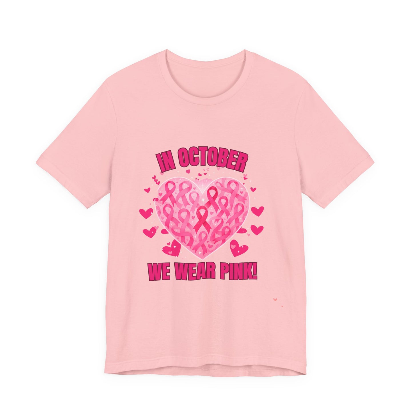 In October We Wear Pink Heart Ribbon T-Shirt Breast Cancer Awareness Graphic Tee  Support Shirt for Breast Cancer Survivors Pink, White, Black Options