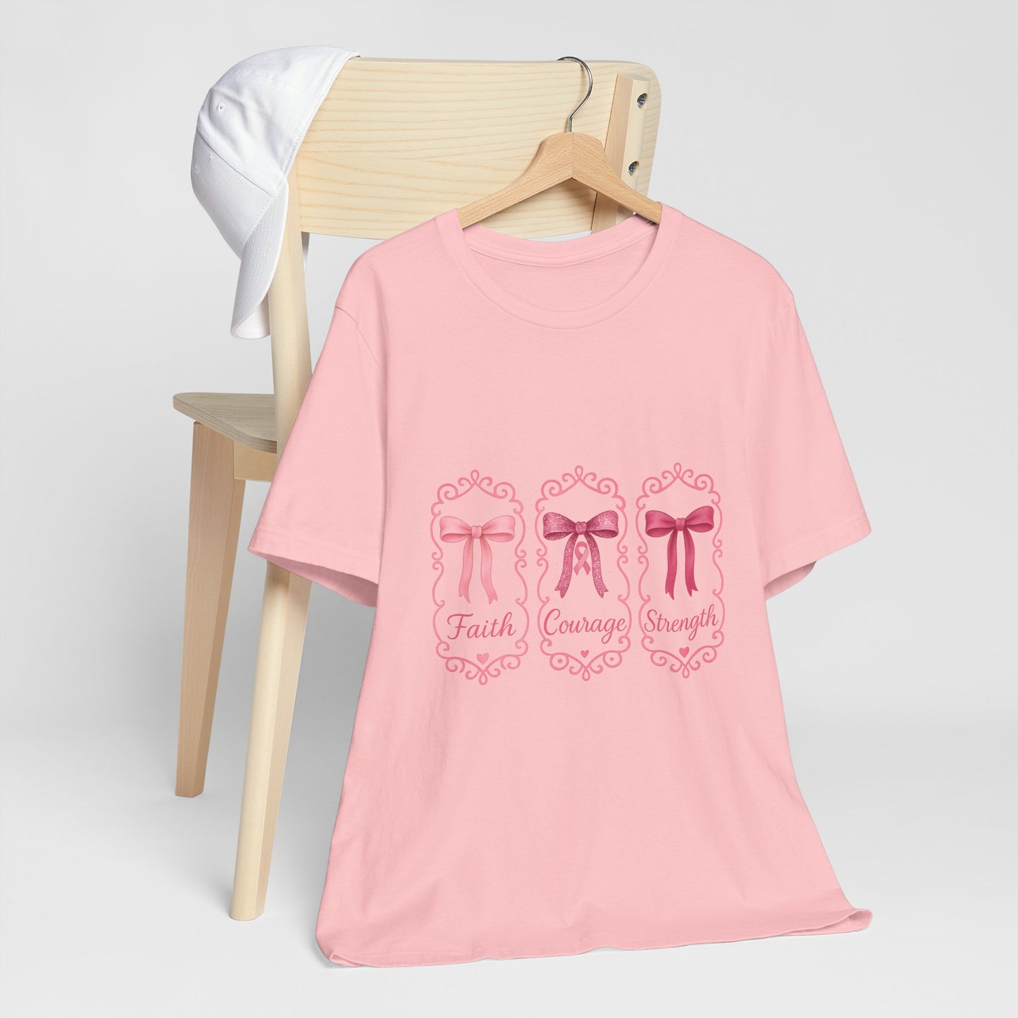 Faith Courage Strength Bow T-Shirt – Breast Cancer Awareness Tee – Pink Ribbon Shirt for Women – Available in Pink, White, and Black