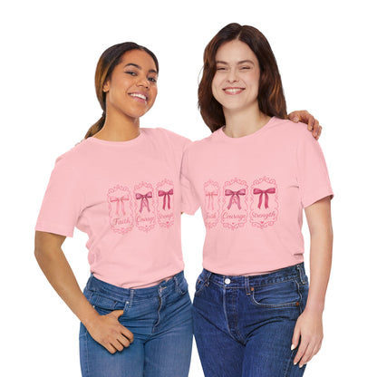 Faith Courage Strength Bow T-Shirt – Breast Cancer Awareness Tee – Pink Ribbon Shirt for Women – Available in Pink, White, and Black