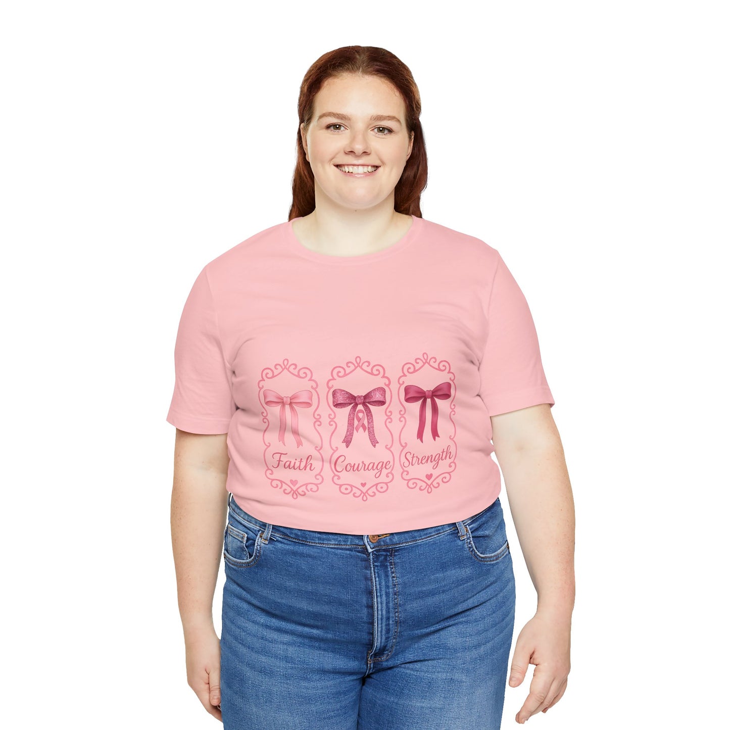 Faith Courage Strength Bow T-Shirt – Breast Cancer Awareness Tee – Pink Ribbon Shirt for Women – Available in Pink, White, and Black