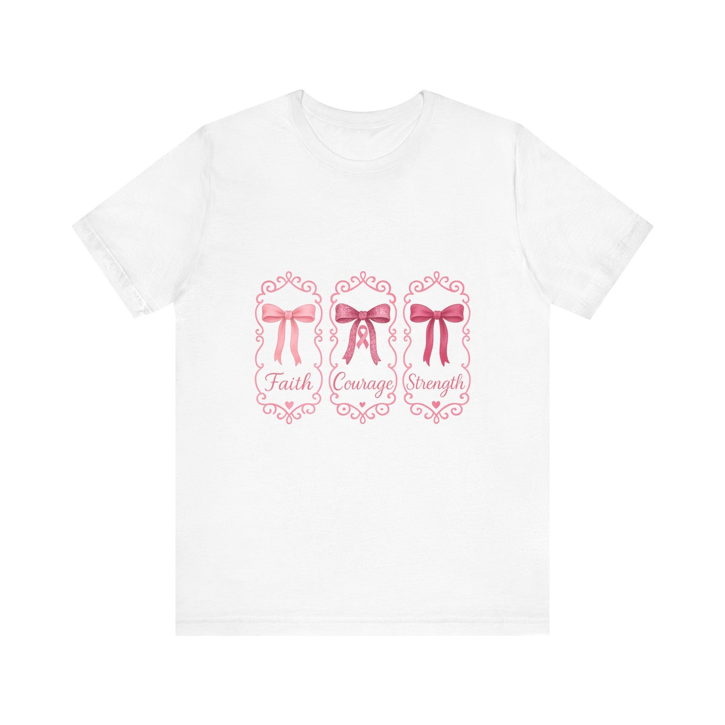 Faith Courage Strength Bow T-Shirt – Breast Cancer Awareness Tee – Pink Ribbon Shirt for Women – Available in Pink, White, and Black