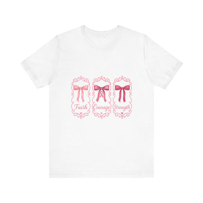 Faith Courage Strength Bow T-Shirt – Breast Cancer Awareness Tee – Pink Ribbon Shirt for Women – Available in Pink, White, and Black