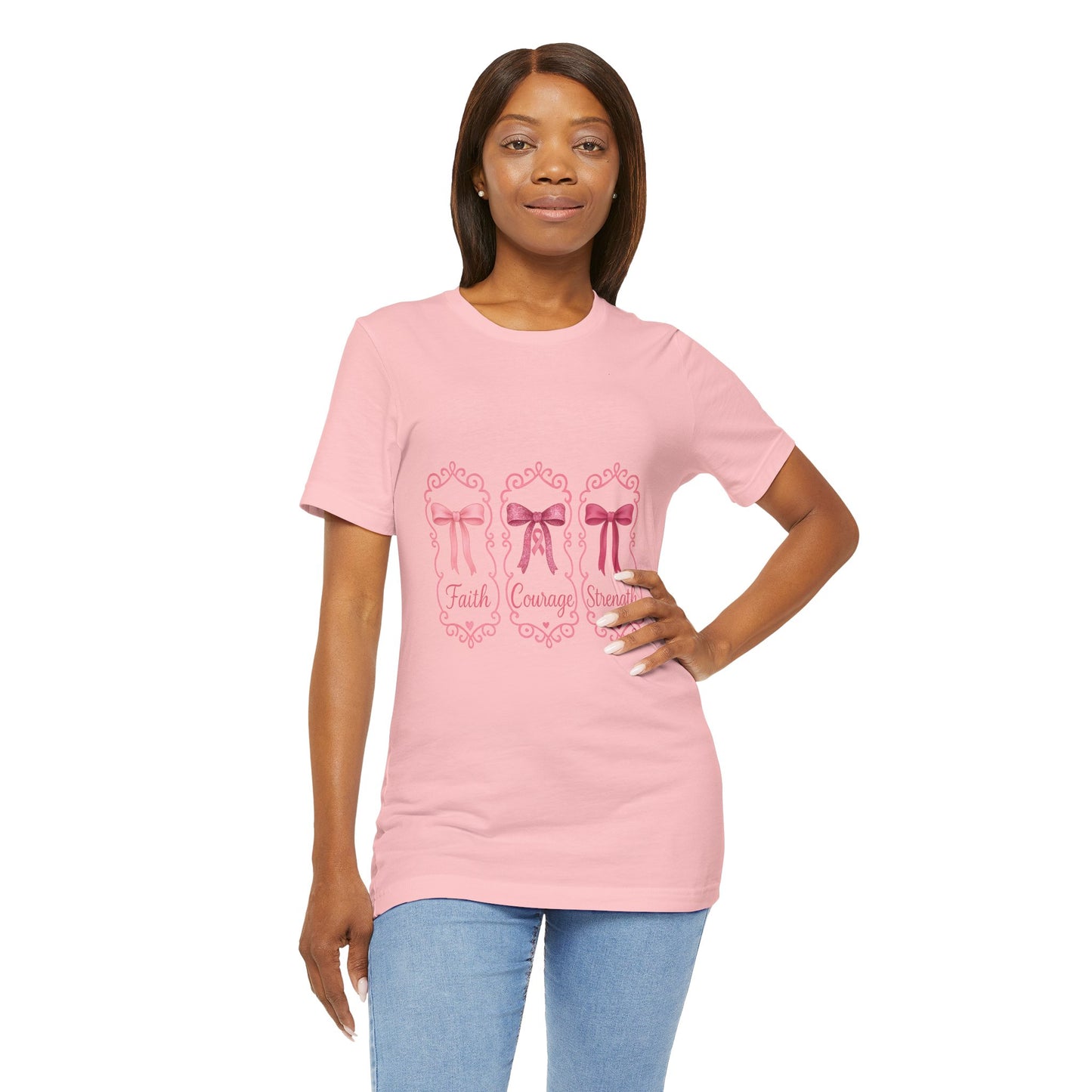 Faith Courage Strength Bow T-Shirt – Breast Cancer Awareness Tee – Pink Ribbon Shirt for Women – Available in Pink, White, and Black