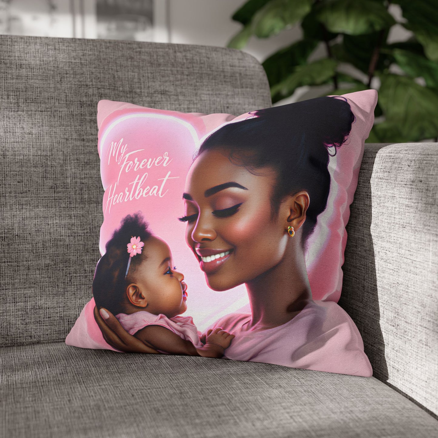 My Forever Heartbeats Pillow featuring An African American Mother and Little Girl Mother's Day