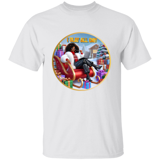 Sassy Afrocentric African American Christmas I Slay All Day Digital Art T Shirt Festive Afro Woman Sleigh Scene for Holiday Merch & POD
